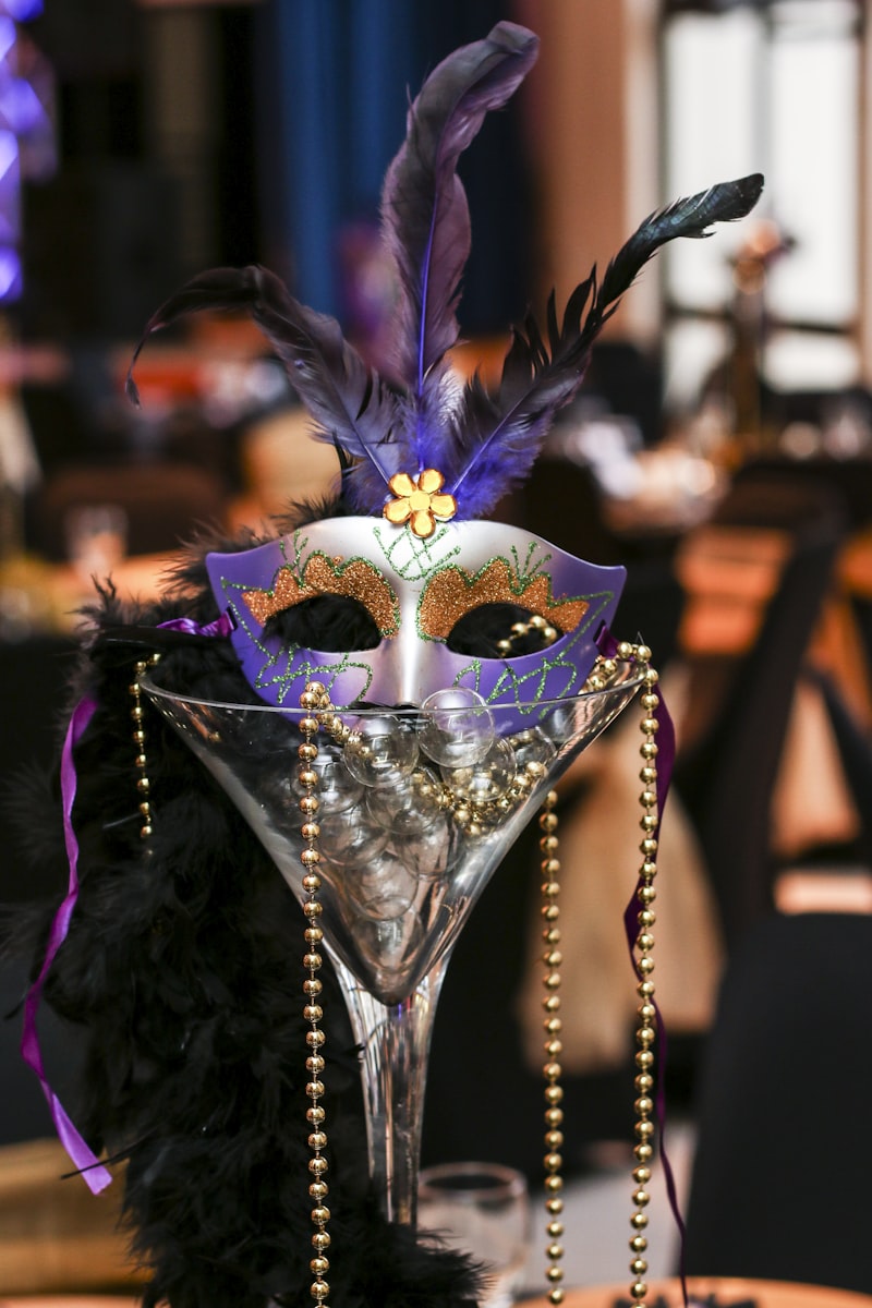 Colorful Mardi Gras masks and decorations in New Orleans